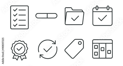 Line vector icons of task management: checklist, progress bar, task folder, due date icon, completed badge, recurring task, tag label, project board.