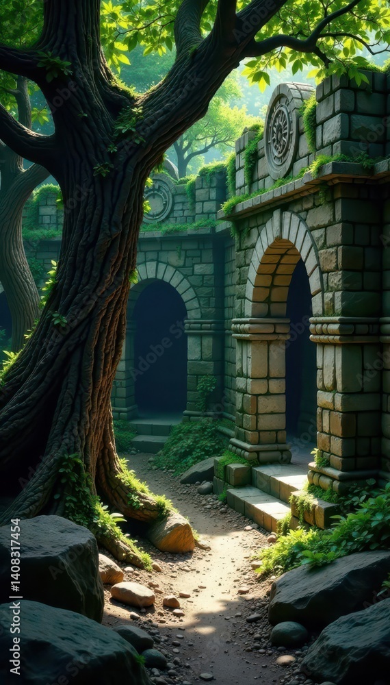 Fototapeta premium Ancient crypt, gnarled branches claw at crumbling stone , aged, crumbling