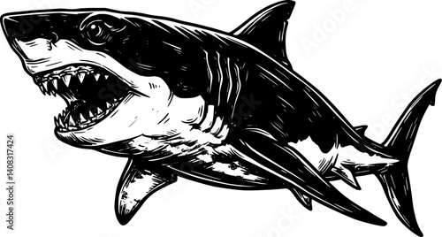 Black and white illustration of a fierce shark, showcasing its powerful and intimidating features.
