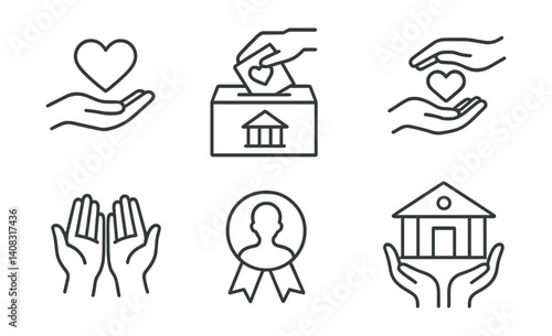 Line vector icons of charity and donation: heart hand, donation box, giving icon, helping hands, volunteer badge, nonprofit building