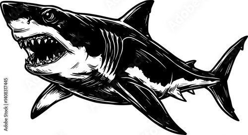 Black and white illustration of a fierce shark, showcasing its powerful and intimidating features.
