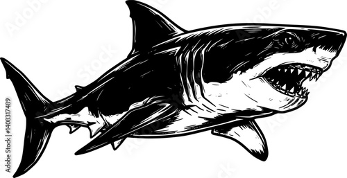 Black and white illustration of a fierce shark, showcasing its powerful and intimidating features.
