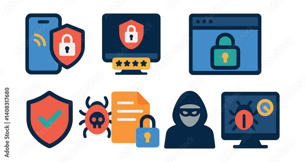 Set of icons: phone, lock, shield, computer, spider, document, mask, monitor. Set of icons: phone, lock, shield, computer, spider, document, mask, monitor.