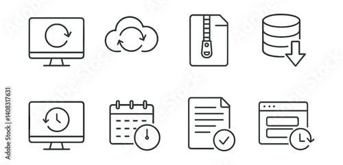 Set of monitor, cloud, zip, database, clock, calendar, document, browser icons.