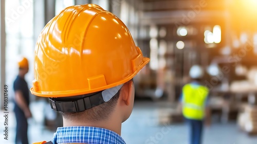 Industrial worker wearing safety helmet observes colleagues.