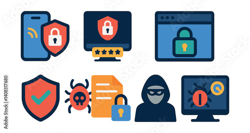 Set of icons: phone, lock, shield, computer, spider, document, mask, monitor.