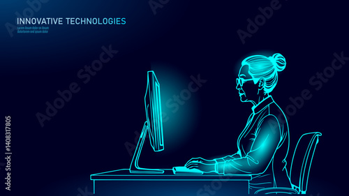  Eldery woman works at computer. Adult person with glasses and blouse. Poster business education coding testing gaming. Side view white background vector illustration.