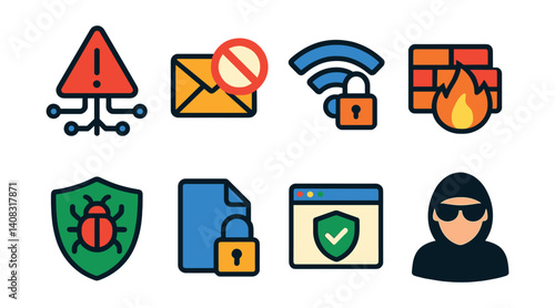 Set of cybersecurity icons: alert, blocked email, secure wifi, firewall, shield, lock, browser, hacker.