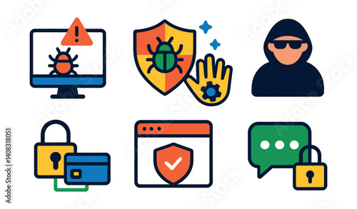 Set of icons: computer bug, shield, hacker, lock, browser, chat lock.