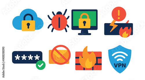 Set of security icons: cloud lock, bug, screen lock, alert, password check.