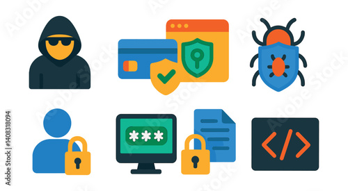 Set of icons: hacker, credit card, shield, bug, user, lock, computer, document, code.