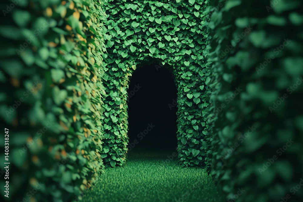 Obraz premium Lush green maze with ivy-covered arches.