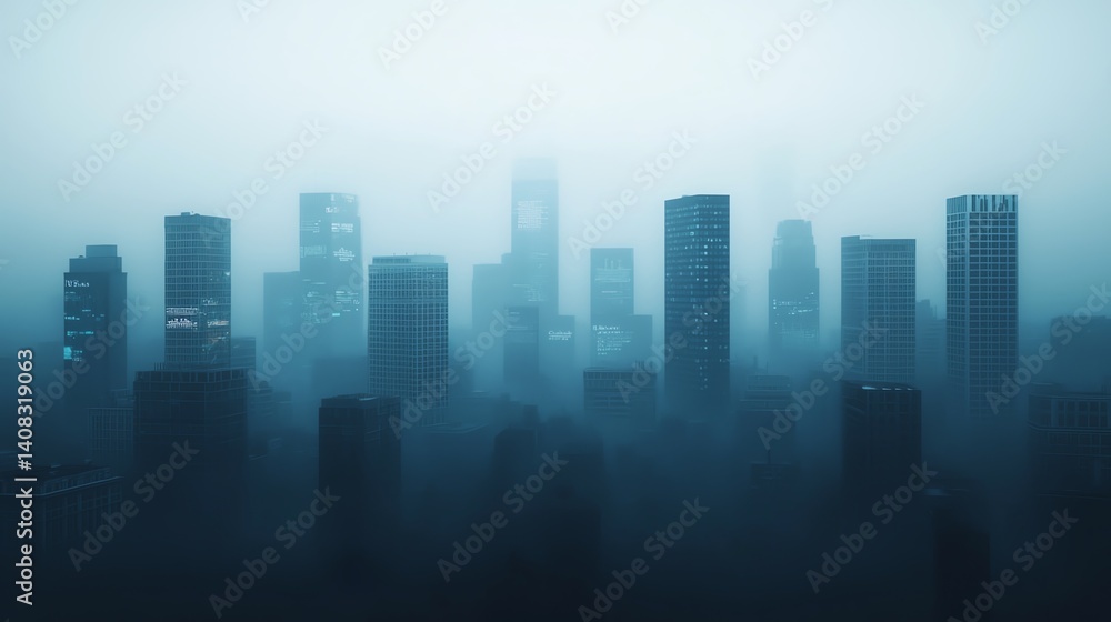 Misty skyline of modern skyscrapers at dawn. Misty skyline of modern skyscrapers at dawn.