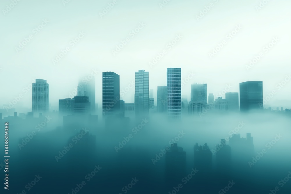 Obraz premium Misty skyline view of urban city buildings.