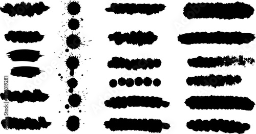 Black paint splatters, rollers, and brushes on a white background.
