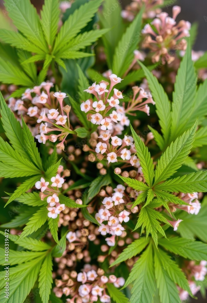 Delicate pink wildflowers interwoven with vibrant green cannabis leaves, forming a charming bouquet, garden, hemp, pink petals Delicate pink wildflowers interwoven with vibrant green cannabis leaves, forming a charming bouquet, garden, hemp, pink petals