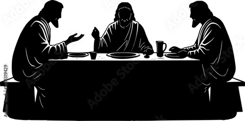 Monochrome vector illustration of Jesus and disciples at the Last Supper, ideal for religious themes.
