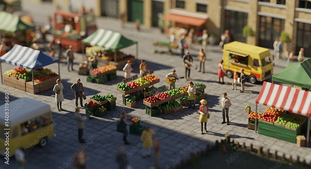Obraz premium People at Outdoor Market with Produce and Food Truck