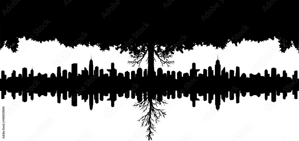 Black silhouette of a cityscape with a tree growing on top, representing urban-nature balance.
Black silhouette of a cityscape with a tree growing on top, representing urban-nature balance.