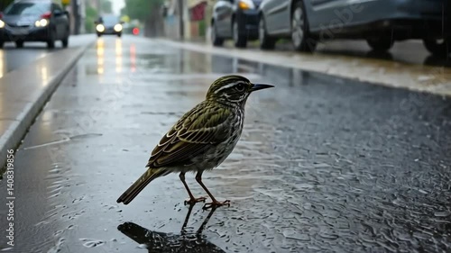 A small bird standing on a wet street with cars parked in the background on a rainy day scene