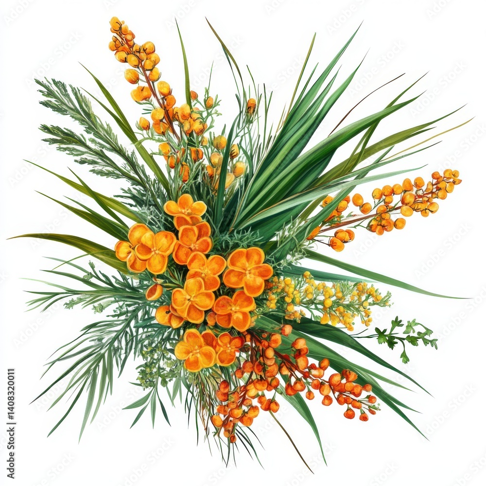 A botanical illustration of orange flowers and green foliage art isolated on white background A botanical illustration of orange flowers and green foliage art isolated on white background