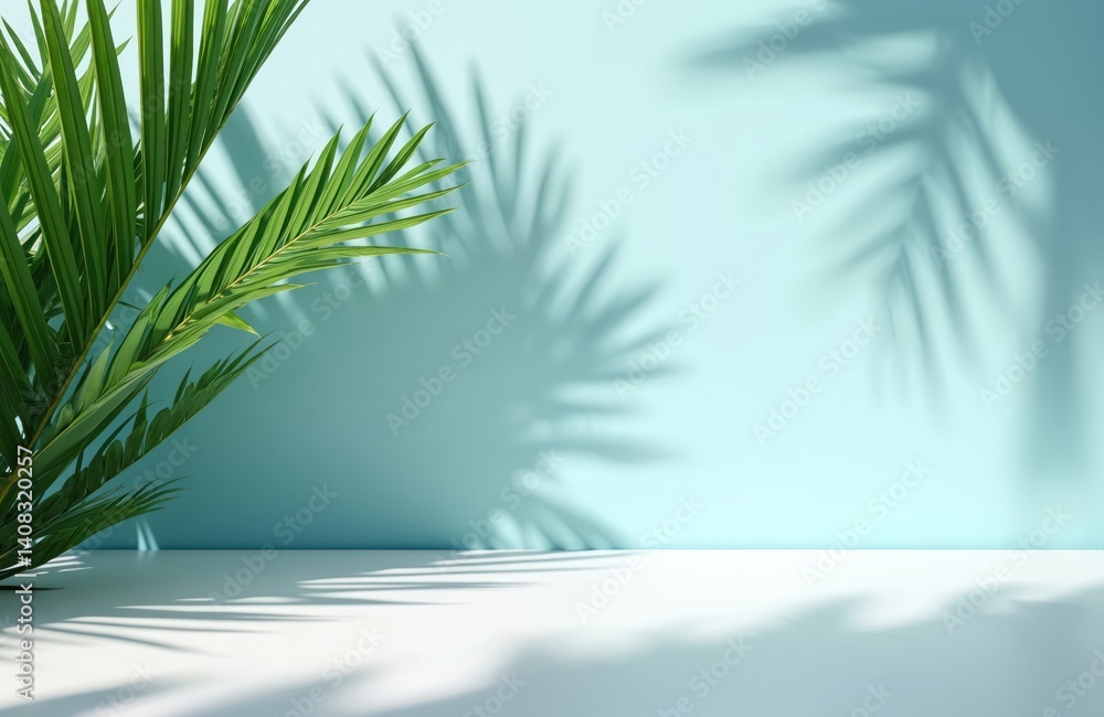 Fototapeta premium Empty display stand with natural palm leaves, shadows. Pastel blue background. Showcase cosmetic product, beauty, fashion. Blank space for brand advertising, product demo, promotion, presentation.