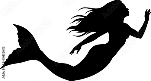 Black and white mermaid silhouette illustration for fantasy and ocean-themed designs.
