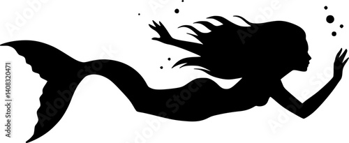 Black and white mermaid silhouette illustration for fantasy and ocean-themed designs.
