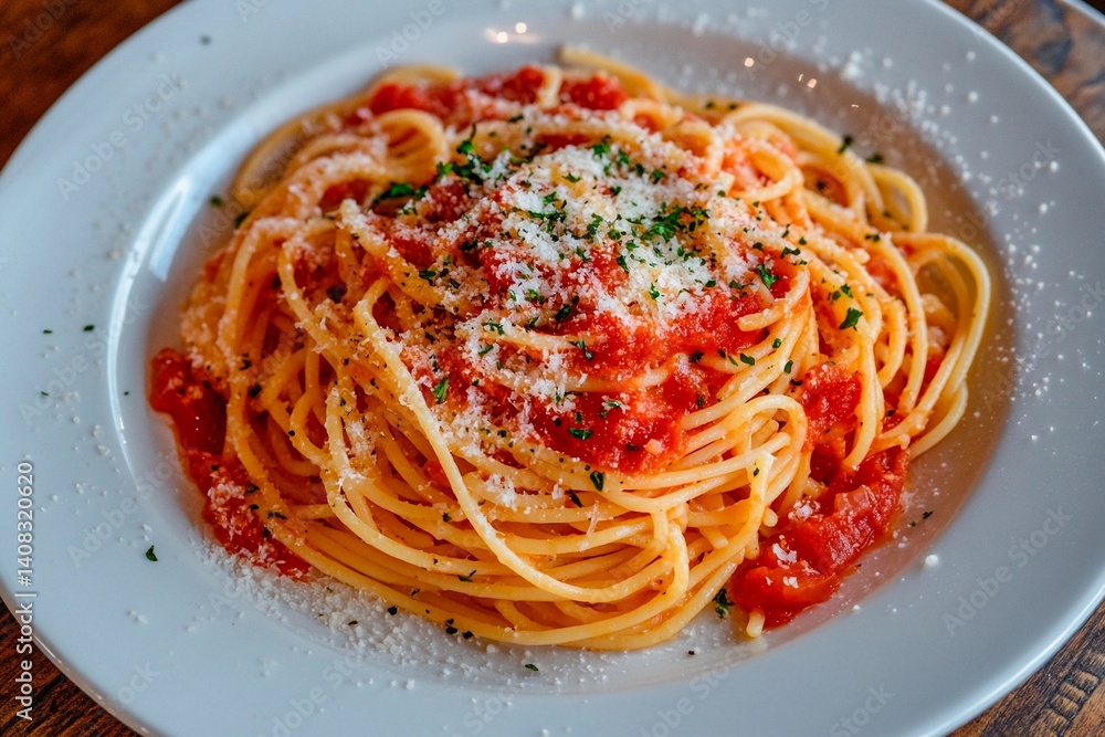 A generous serving of spaghetti topped with rich tomato sauce and sprinklings of cheese is plated beautifully in a welcoming restaurant. The warm atmosphere invites diners to enjoy the dish A generous serving of spaghetti topped with rich tomato sauce and sprinklings of cheese is plated beautifully in a welcoming restaurant. The warm atmosphere invites diners to enjoy the dish