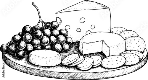 Monochrome illustration of a cheese platter with grapes and crackers.
