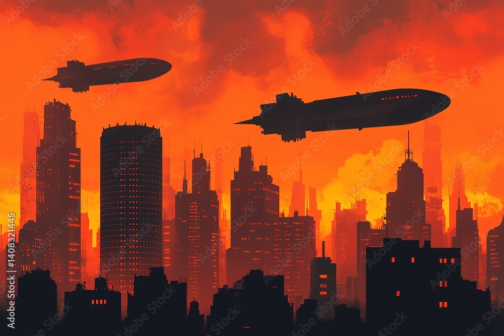 Naklejka premium Silhouetted city skyline against a fiery sunset.