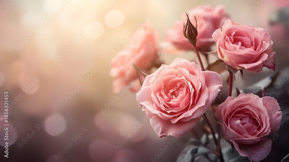 Beautiful pink roses bloom in soft sunset light against blurred background, copy space Beautiful pink roses bloom in soft sunset light against blurred background, copy space