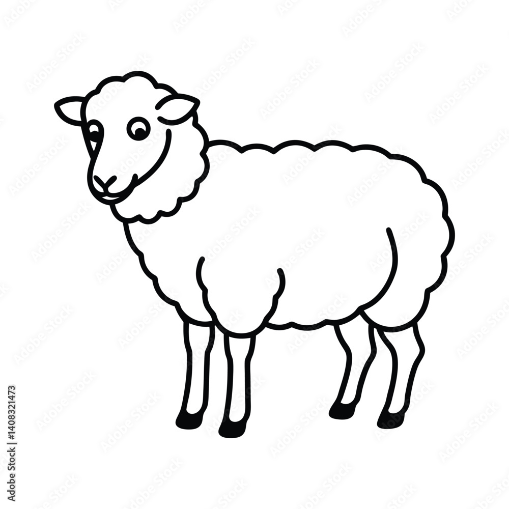 Black and White Illustration of a Cartoon Sheep in Outline Style Black and White Illustration of a Cartoon Sheep in Outline Style