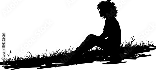 Silhouette of a woman with curly hair sitting in nature, perfect for relaxation-themed designs.
