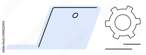 Open laptop beside a gear representing settings and development. Ideal for technology, software, workflow, productivity, configuration, web services, simple landing page
