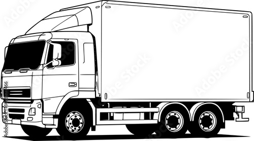 Black and white illustration of a cargo truck side view.
