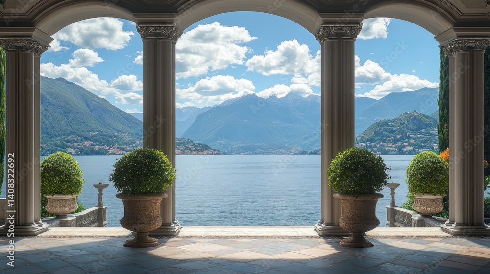 Fototapeta premium Serene Lakeside Villa: Majestic Mountain View Through Classical Columns