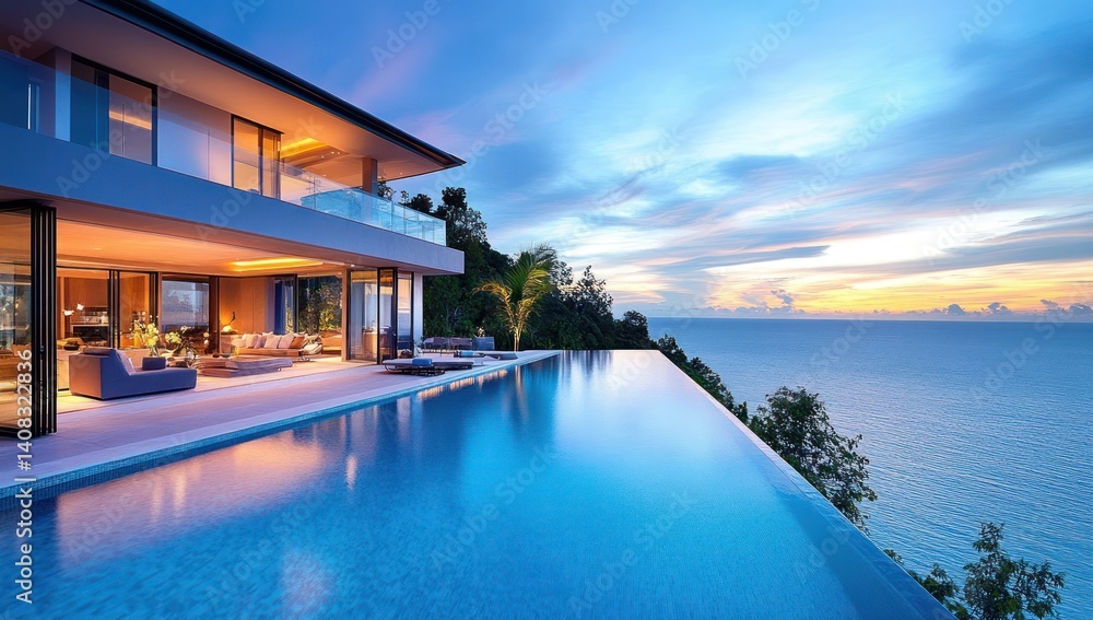 Fototapeta premium Luxury Cliffside Villa with Infinity Pool and Ocean View at Sunset