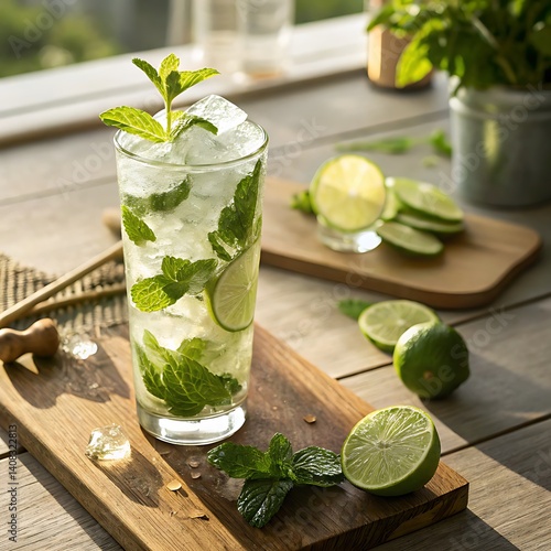 Wallpaper Mural A refreshing mojito cocktail with mint and lime on a wooden board in bright sunlight setting scene Torontodigital.ca