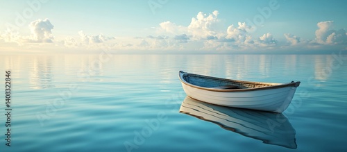 A lone boat floats gently on a calm body of water