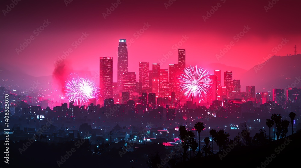 Obraz premium Vibrant city skyline and fireworks display.