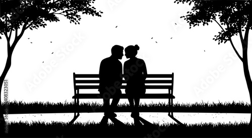 Silhouette of a couple kissing on a park bench for romantic design themes.
