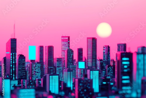 Vibrant city skyline at sunset in neon colors.