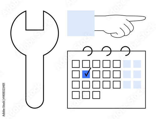 Hand pointing toward a calendar with marked check and repair tool. Ideal for management, organization, scheduling, planning, maintenance, deadlines, productivity. Flat simple metaphor