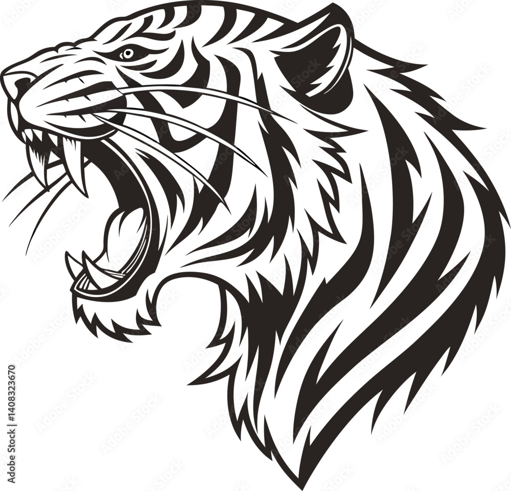 Obraz premium Roaring Tiger Head Tattoo-Inspired Line Art in Black and White