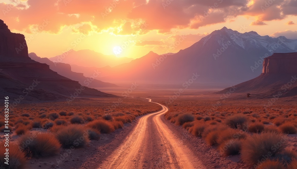 Naklejka premium Illustration showcases winding dirt road through vast desert landscape towards distant mountain range at sunset. Dramatic sky casting long shadows. Adventure, exploration, travel, nature.