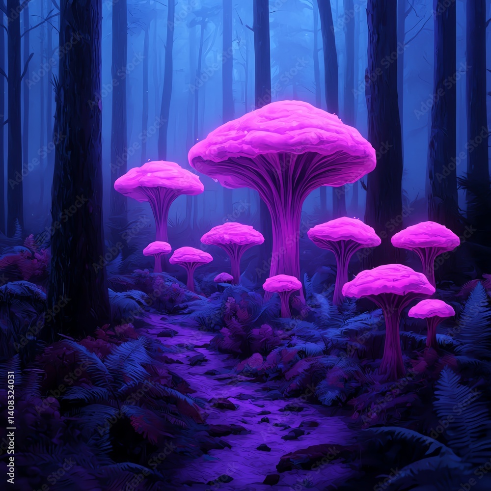 Fototapeta premium Vibrant pink mushrooms in an enchanting forest.
