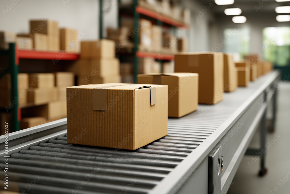 Cardboard boxes on a warehouse conveyor belt ready to ship out, small business shipping concept Cardboard boxes on a warehouse conveyor belt ready to ship out, small business shipping concept