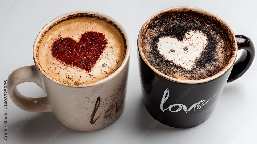 Two coffee cups with heart shaped foam art and love written on the mugs against a white background Two coffee cups with heart shaped foam art and love written on the mugs against a white background