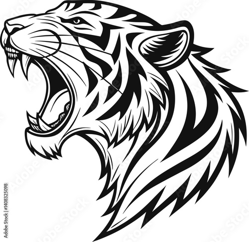 Roaring Tiger Head Tattoo-Inspired Line Art in Black and White

